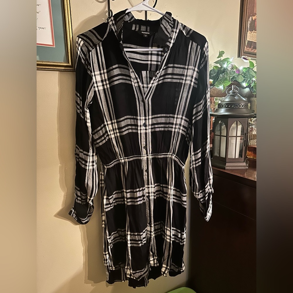 Express Plaid Shirtdress, Black, White, and Gray, Size M